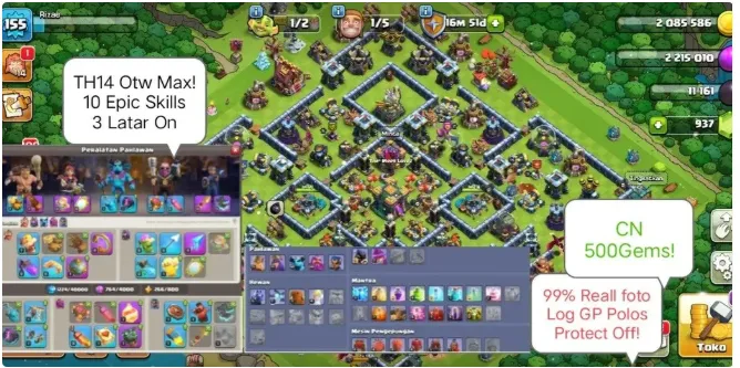 COC260 TH14 Max Heroes 75/76/50/50 3 Epic Skills 937+ Gems BH10 6 Builders 99 Log Books Siege 4/4/4/4